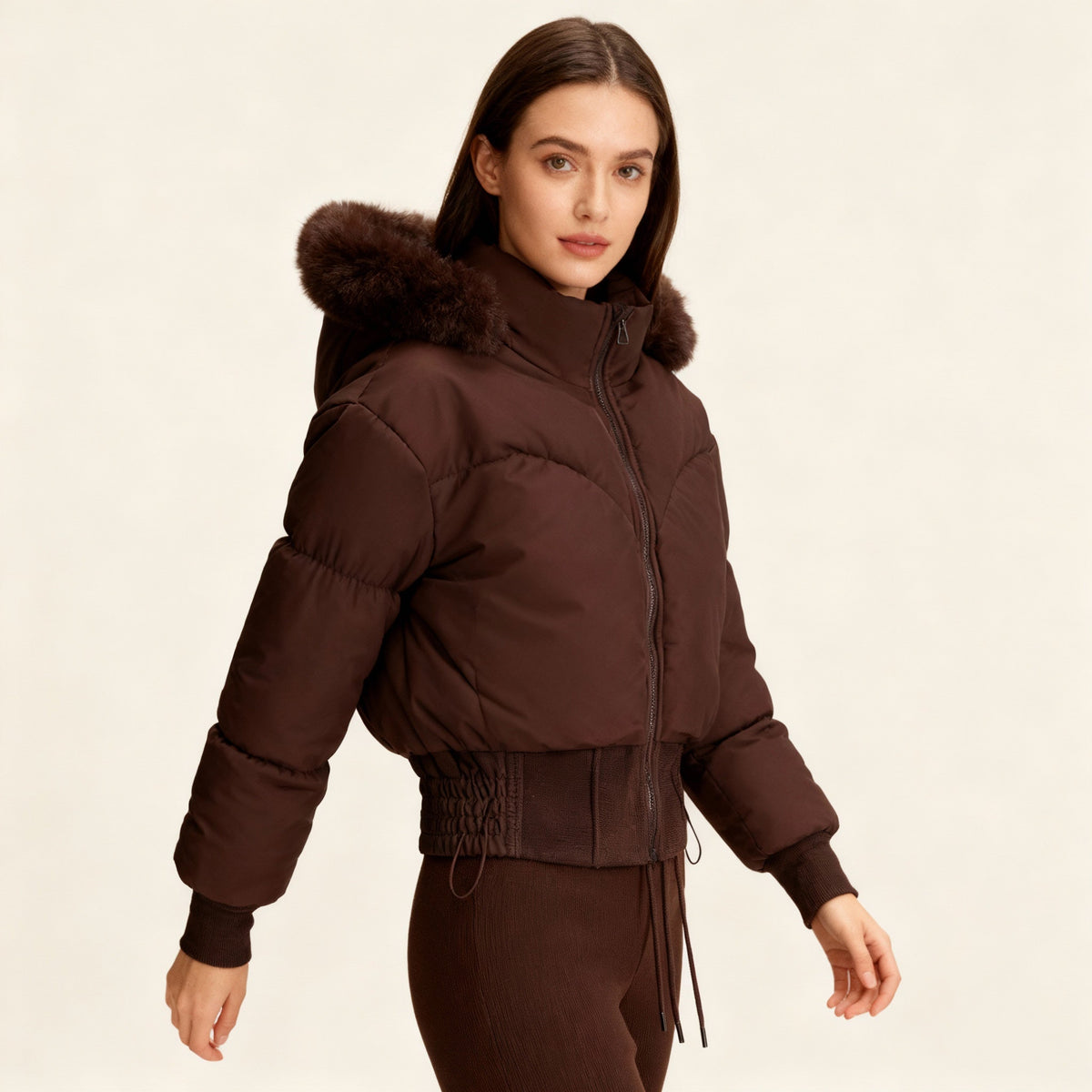 Women's Cropped Down Jacket with Detachable Hood and Faux Fur Trim