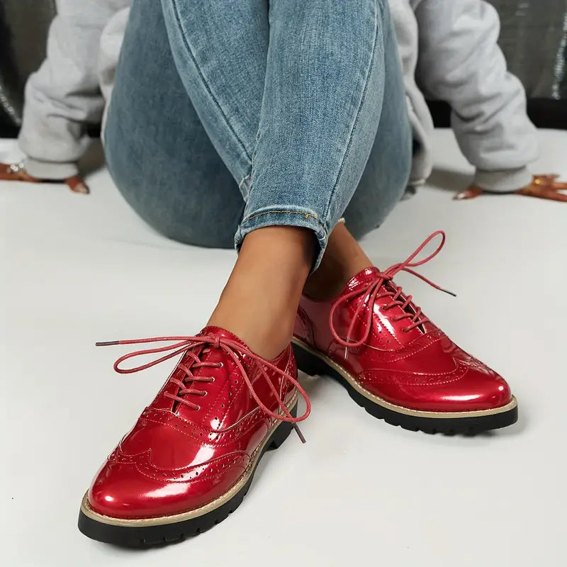 Patent Leather Shoes in Oxford Style with Chunky Sole for Women