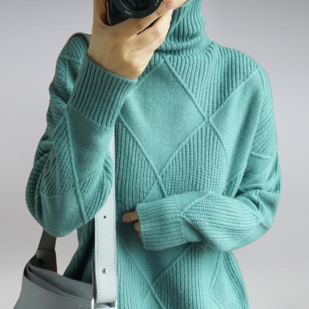 Women's Turtleneck Knit Sweater with Geometric Pattern