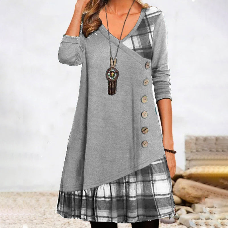 Long-Sleeve Checked Dress