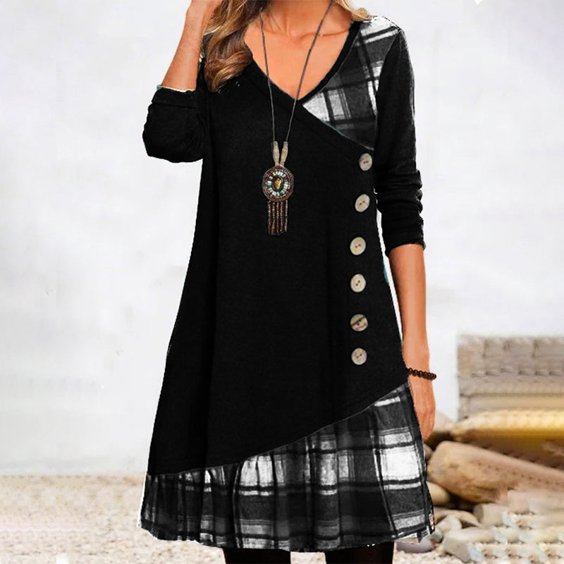 Long-Sleeve Checked Dress