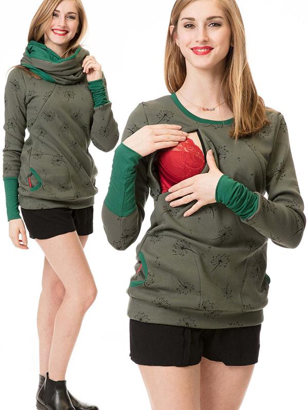 Maternity Nursing Sweatshirts, Floral Print, Pockets, Zipper, Nursing Clothing