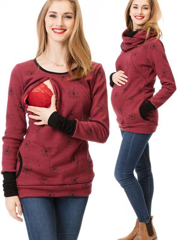 Maternity Nursing Sweatshirts, Floral Print, Pockets, Zipper, Nursing Clothing