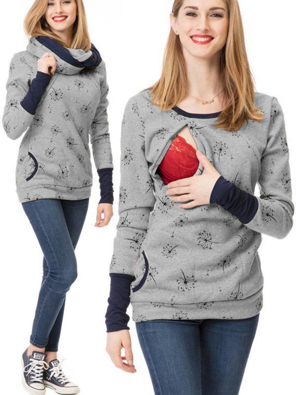 Maternity Nursing Sweatshirts, Floral Print, Pockets, Zipper, Nursing Clothing