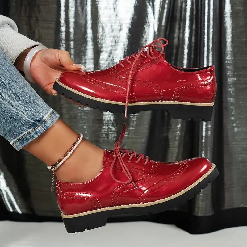 Patent Leather Shoes in Oxford Style with Chunky Sole for Women