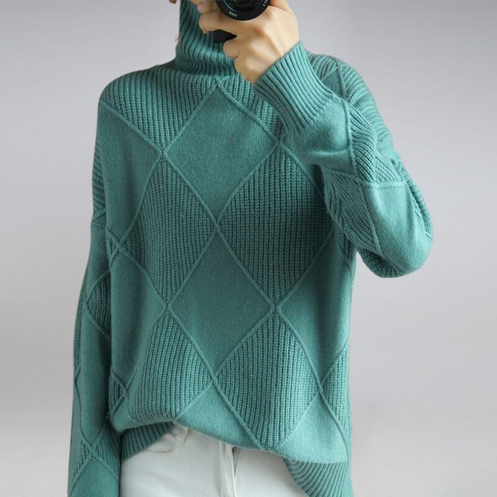 Women's Turtleneck Knit Sweater with Geometric Pattern
