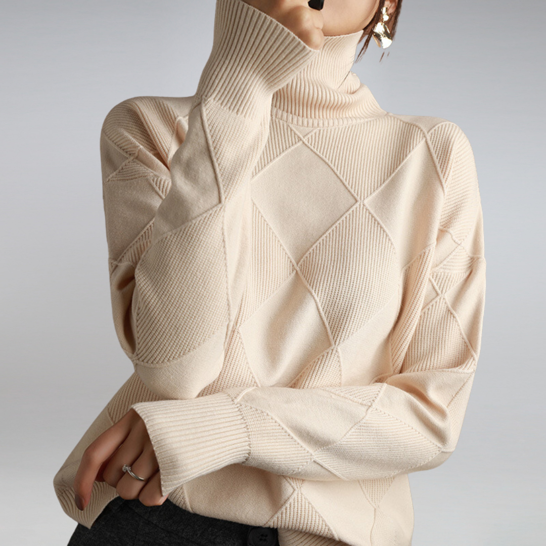 Women's Turtleneck Knit Sweater with Geometric Pattern