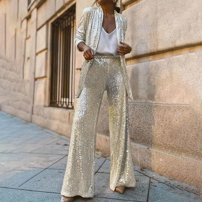 Women's Sparkling Blazer Suit with Wide Legs and Shimmering Sequins