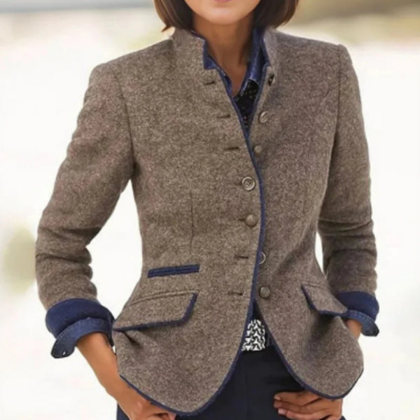 Women's Short Jacket with Multi-Button Placket and Color Accents