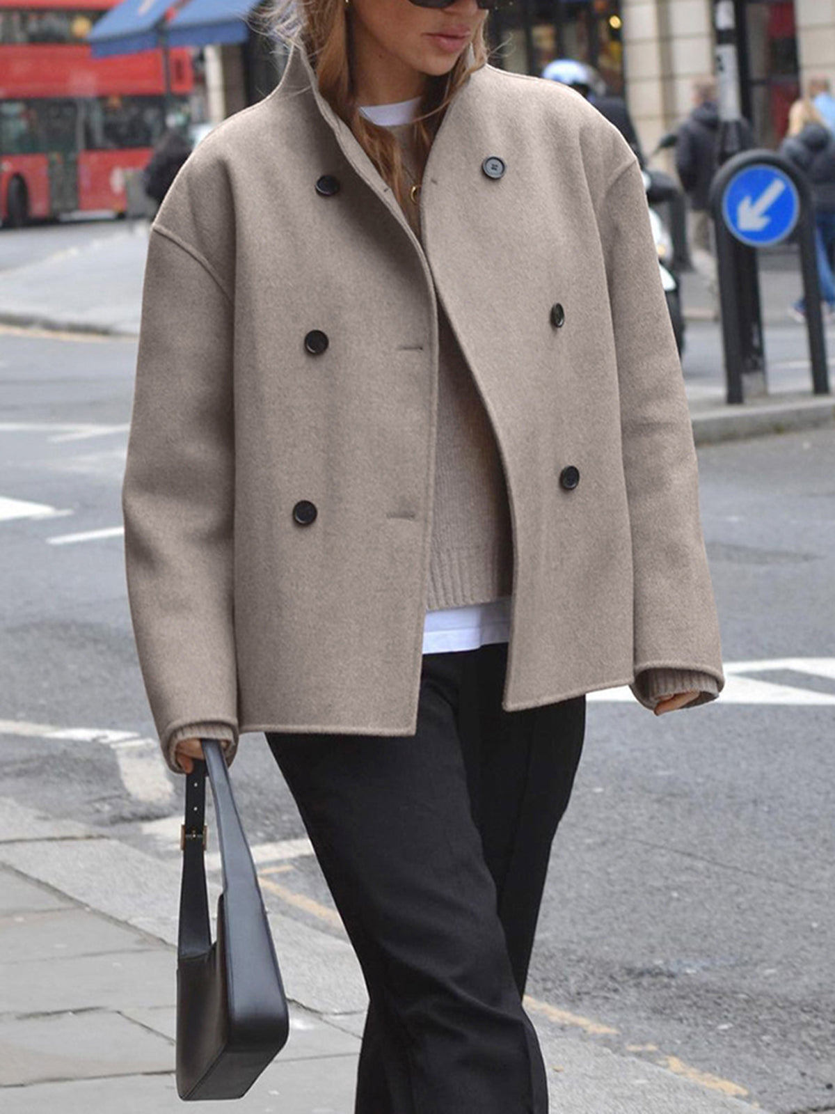 Women's Jacket - Short Wool Jacket in Beige with Stand-Up Collar & Button Closure