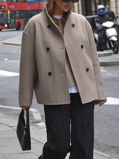 Women's Jacket - Short Wool Jacket in Beige with Stand-Up Collar & Button Closure
