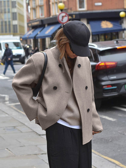 Women's Jacket - Short Wool Jacket in Beige with Stand-Up Collar & Button Closure