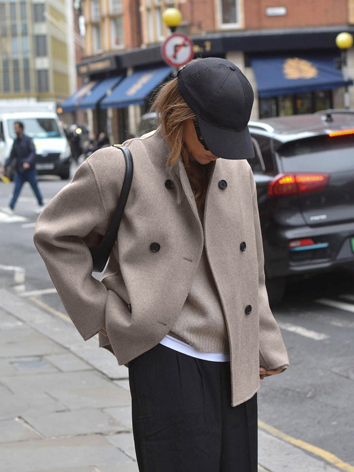 Women's Jacket - Short Wool Jacket in Beige with Stand-Up Collar & Button Closure