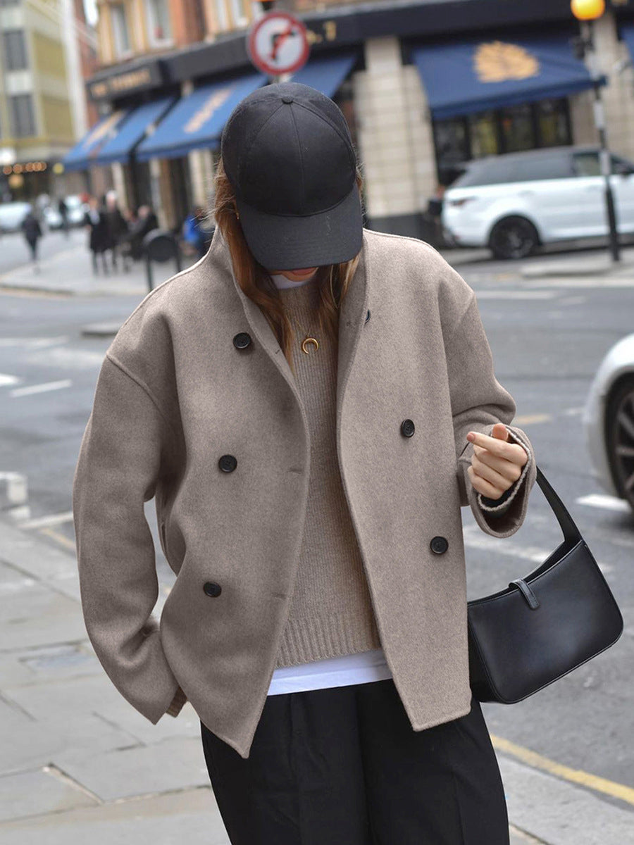 Women's Jacket - Short Wool Jacket in Beige with Stand-Up Collar & Button Closure