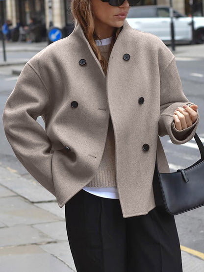 Women's Jacket - Short Wool Jacket in Beige with Stand-Up Collar & Button Closure