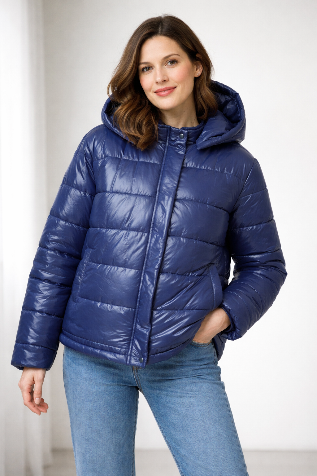 Women's Glossy Puffer Jacket with Hood and Padding