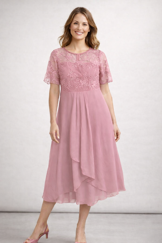 Women's Midi Dress with Lace and Chiffon Short Sleeves