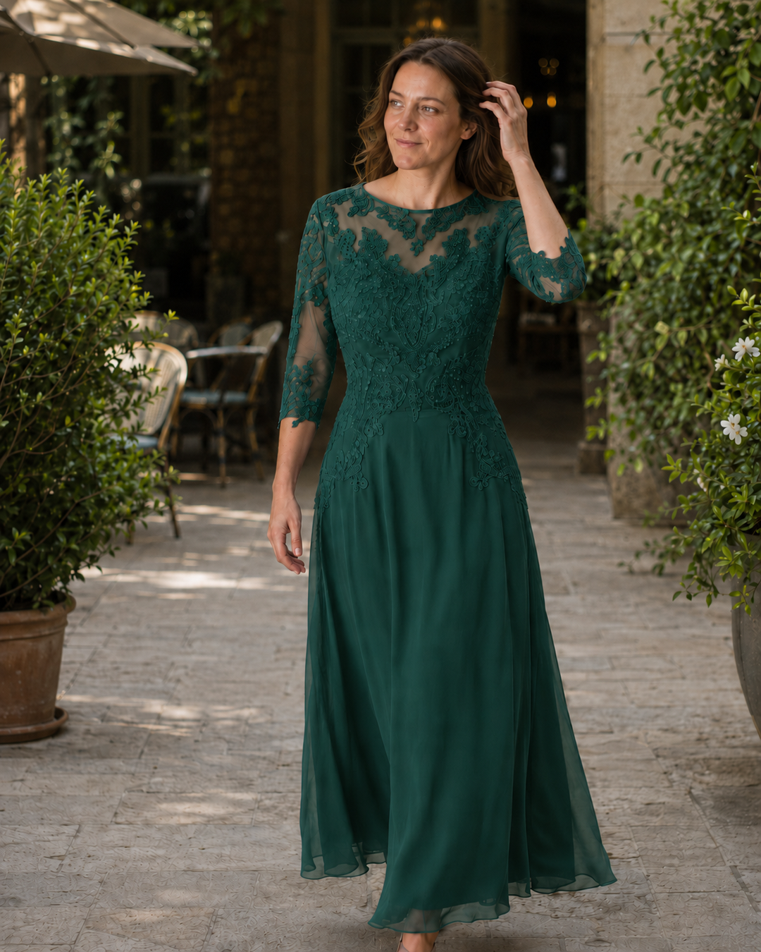 Women's Evening Dress with Lace Top and Flowing Skirt