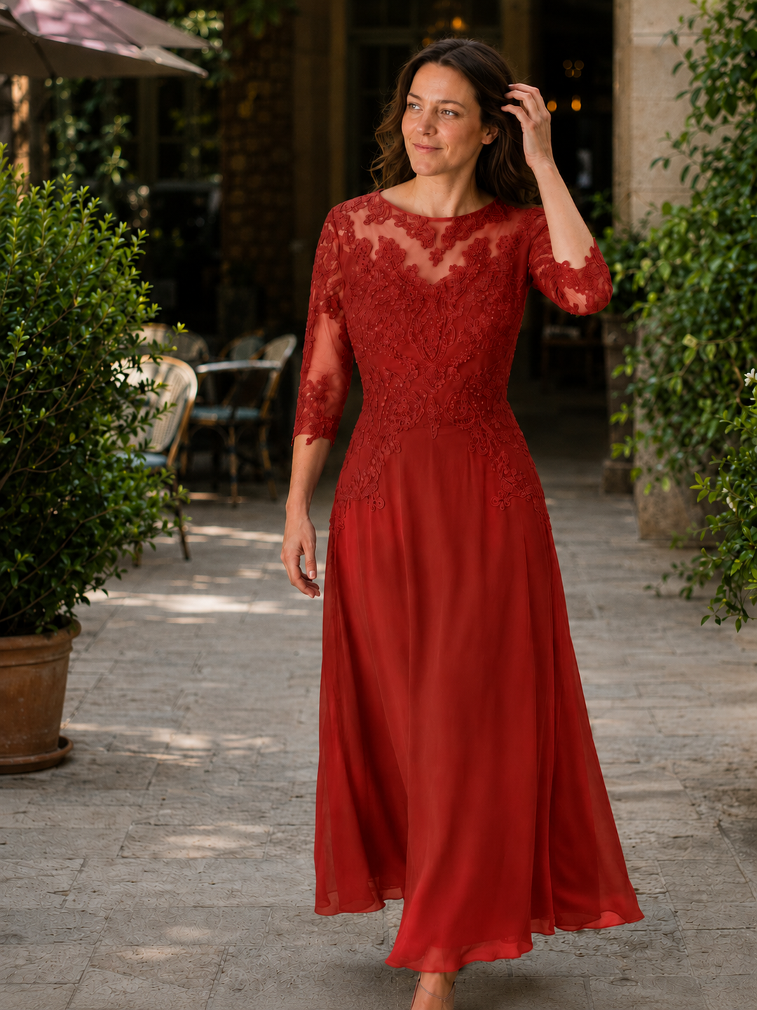 Women's Evening Dress with Lace Top and Flowing Skirt