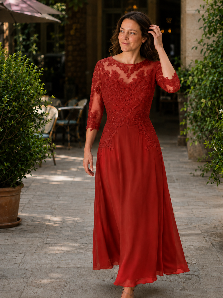 Women's Evening Dress with Lace Top and Flowing Skirt