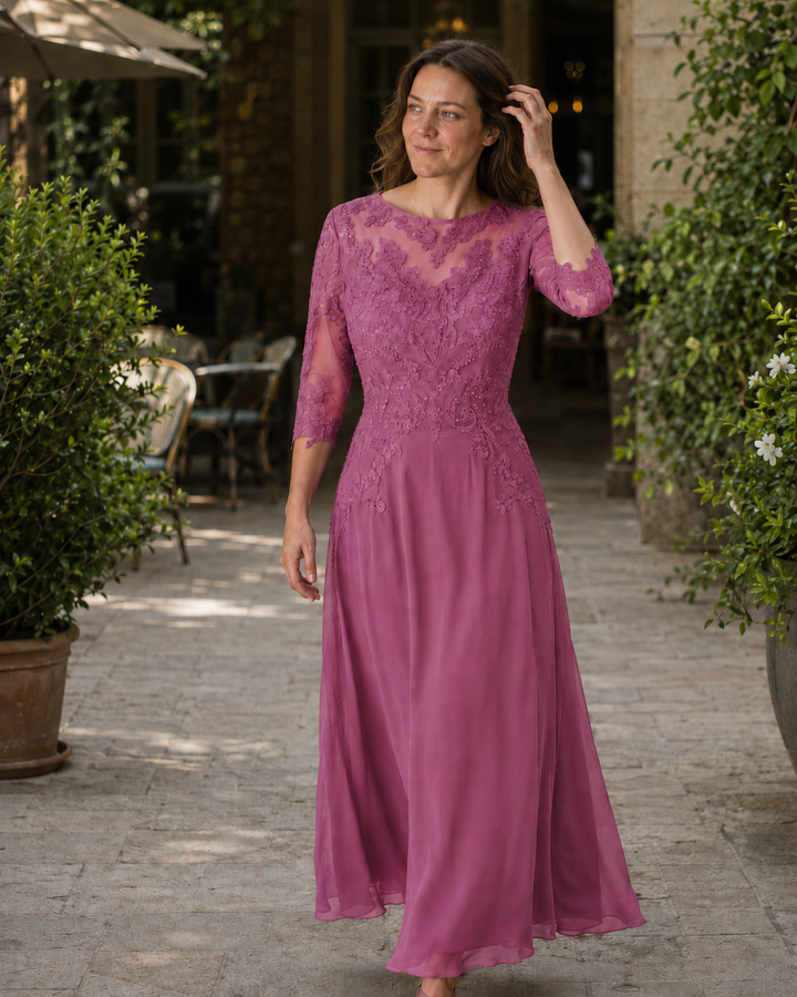 Women's Evening Dress with Lace Top and Flowing Skirt