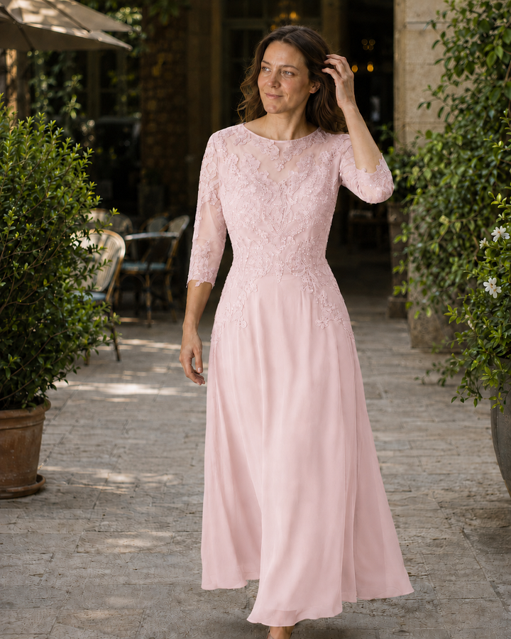 Women's Evening Dress with Lace Top and Flowing Skirt