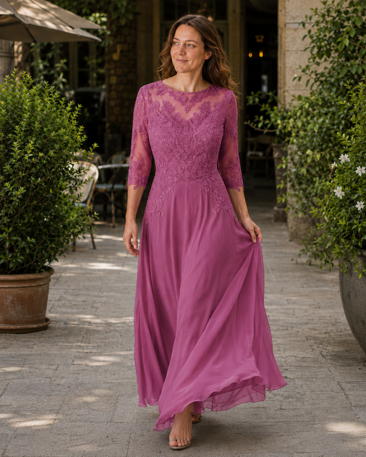 Women's Evening Dress with Lace Top and Flowing Skirt