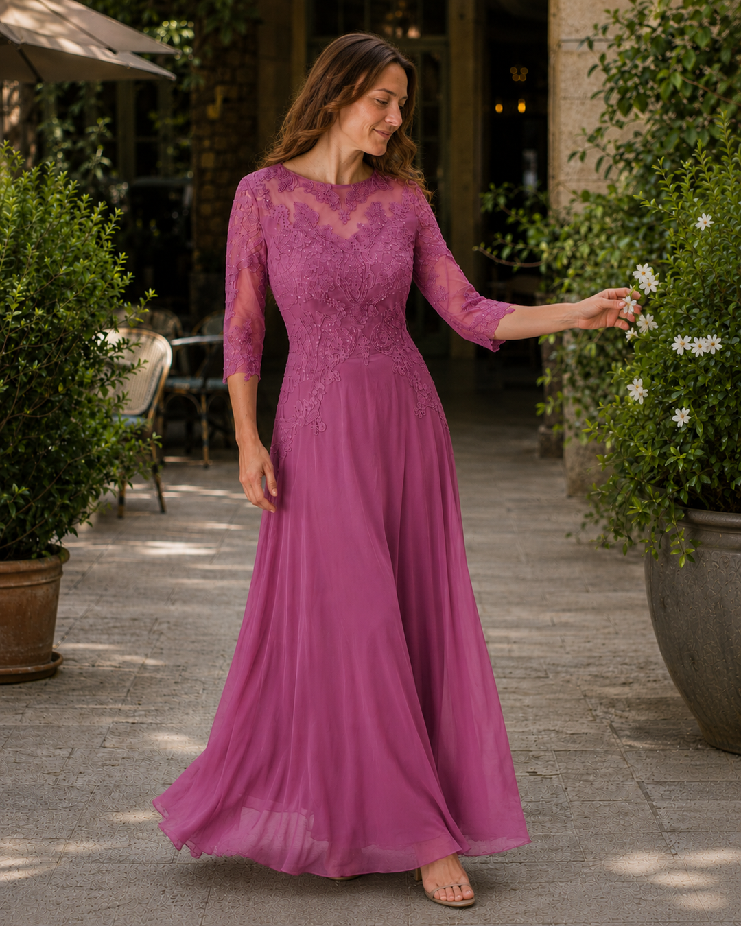 Women's Evening Dress with Lace Top and Flowing Skirt