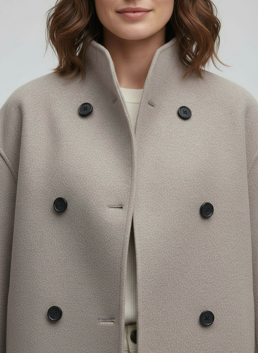 Women's Jacket - Short Wool Jacket in Beige with Stand-Up Collar & Button Closure