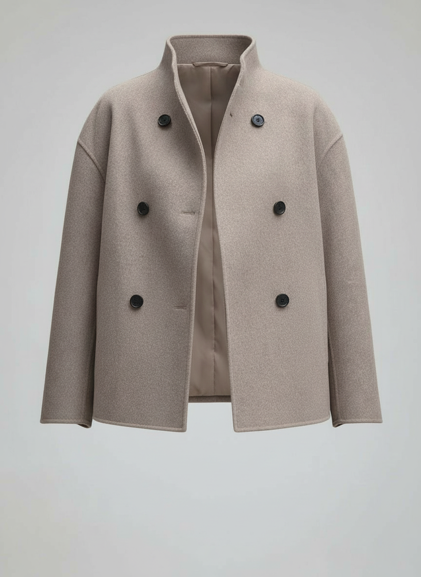 Women's Jacket - Short Wool Jacket in Beige with Stand-Up Collar & Button Closure
