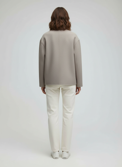 Women's Jacket - Short Wool Jacket in Beige with Stand-Up Collar & Button Closure