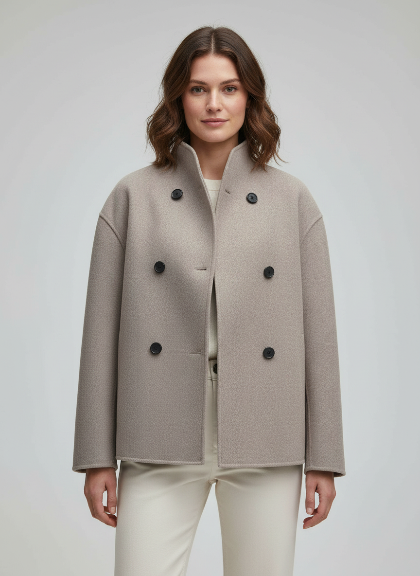 Women's Jacket - Short Wool Jacket in Beige with Stand-Up Collar & Button Closure