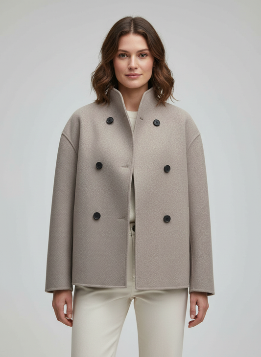 Women's Jacket - Short Wool Jacket in Beige with Stand-Up Collar & Button Closure