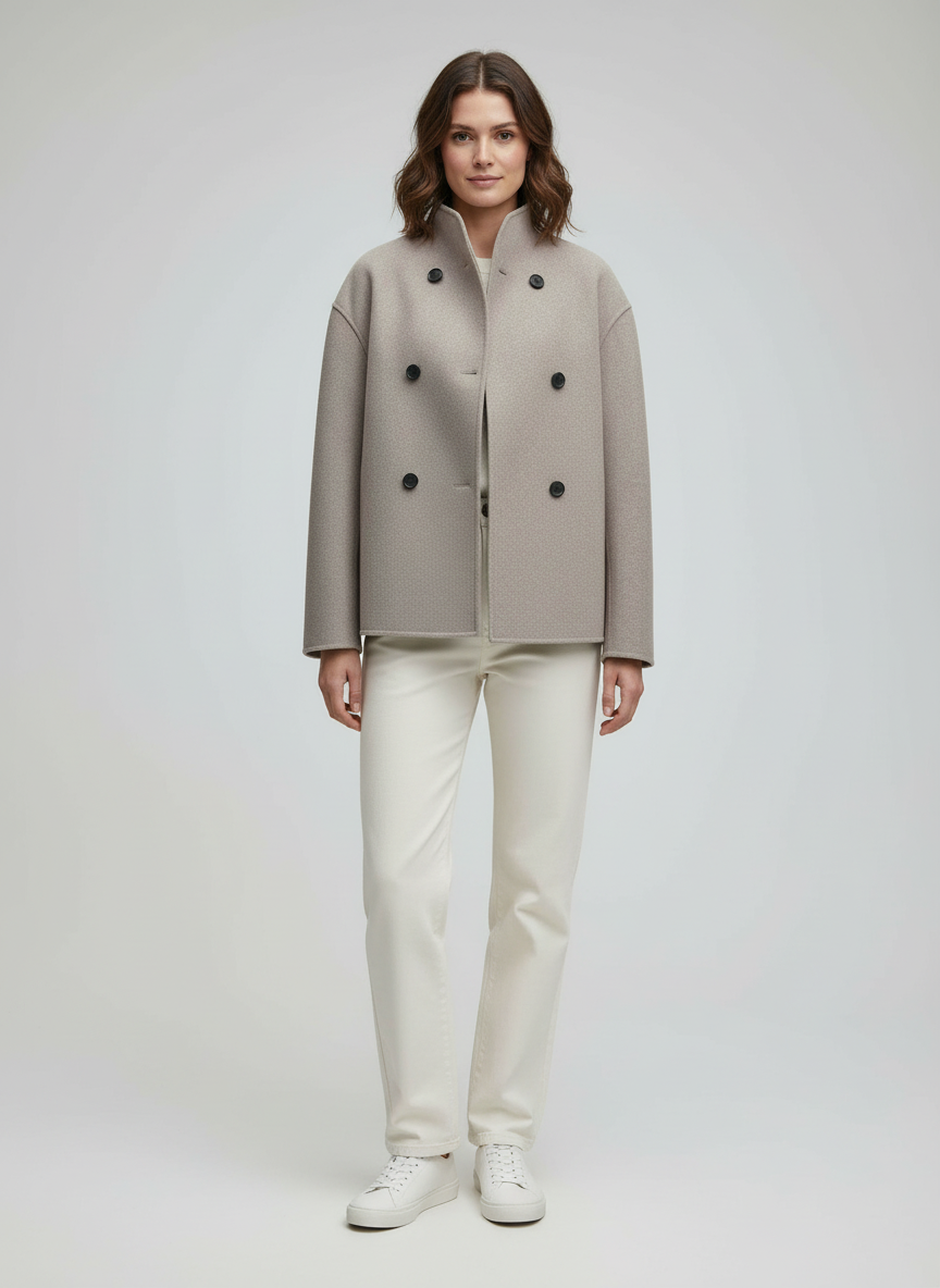 Women's Jacket - Short Wool Jacket in Beige with Stand-Up Collar & Button Closure