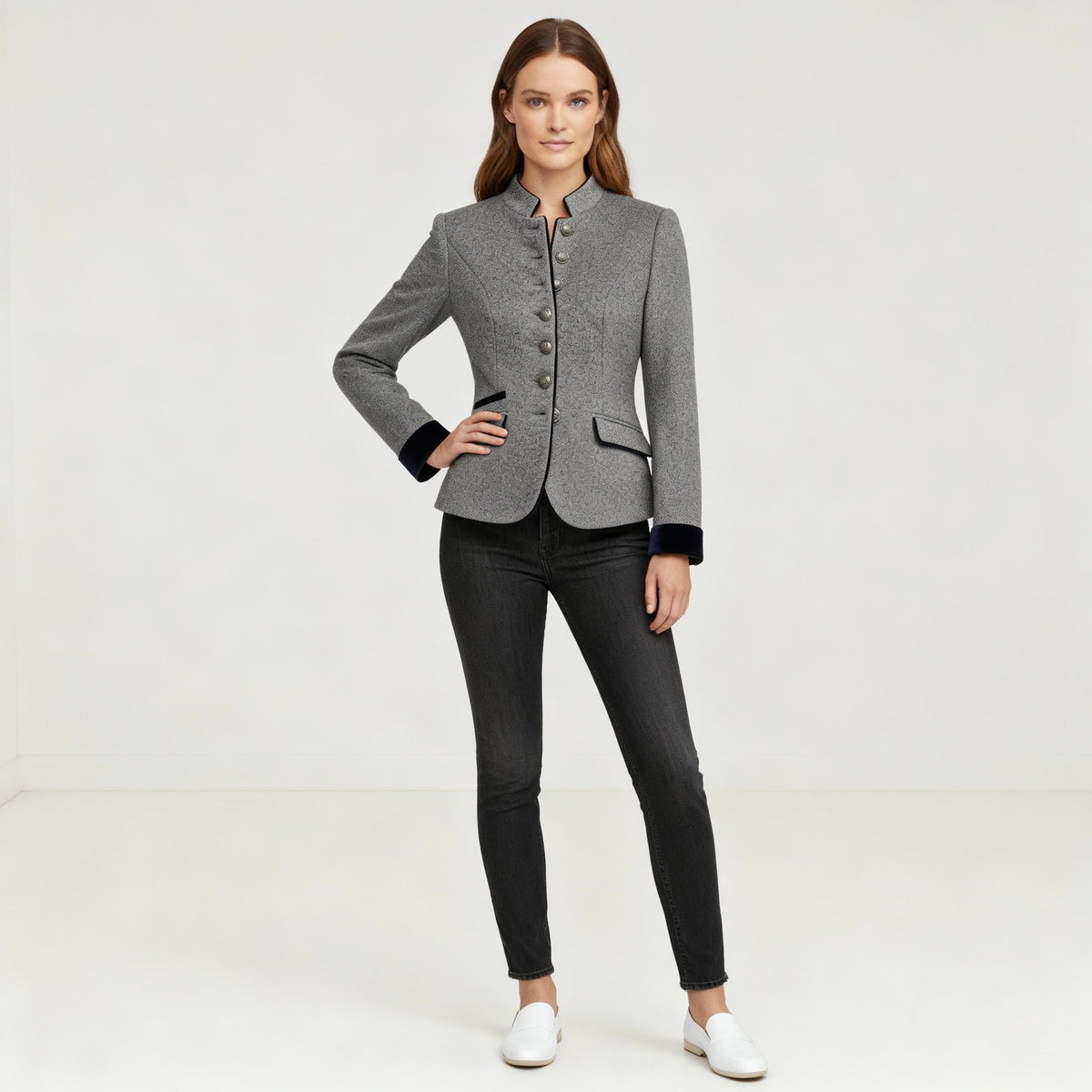 Women's Short Jacket with Multi-Button Placket and Color Accents