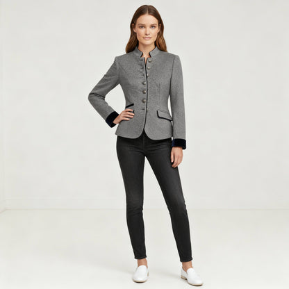 Women's Short Jacket with Multi-Button Placket and Color Accents