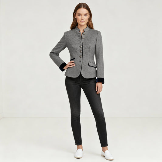 Women's Short Jacket with Multi-Button Placket and Color Accents