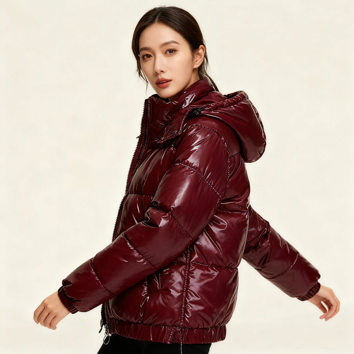 Women's Glossy Winter Jacket with Hood, Water-Repellent & Heat-Insulated