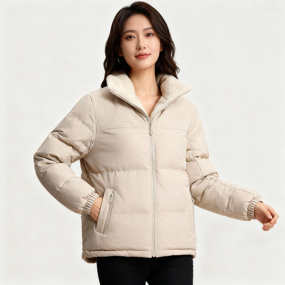 Women's Quilted Jacket with Lining and Pockets - Warm Winter Jacket