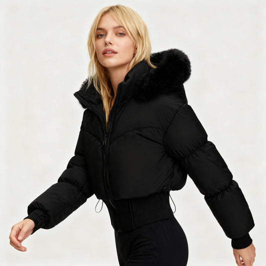 Women's Cropped Down Jacket with Detachable Hood and Faux Fur Trim