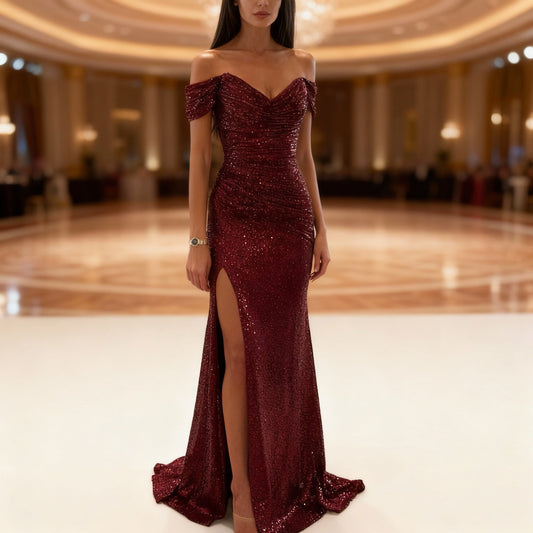 Women's Off-Shoulder Evening Dress with Sequins, Slit and Figure-Hugging Cut