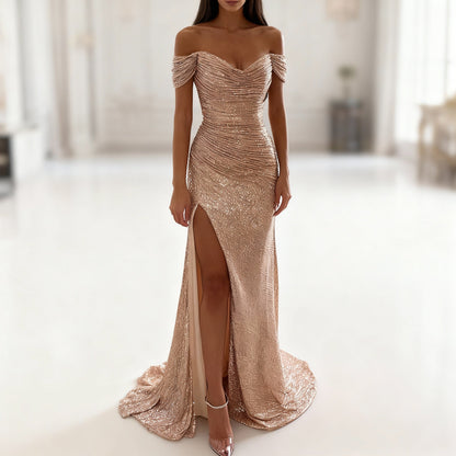 Women's Off-Shoulder Evening Dress with Sequins, Slit and Figure-Hugging Cut