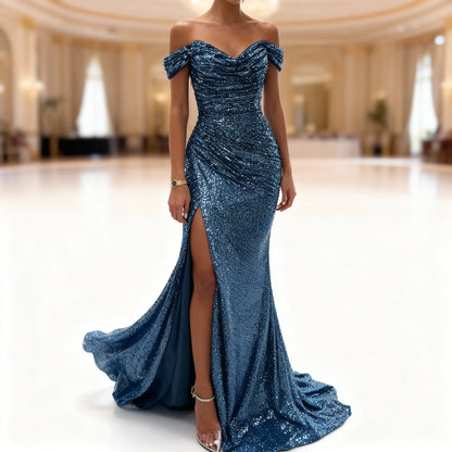 Women's Off-Shoulder Evening Dress with Sequins, Slit and Figure-Hugging Cut