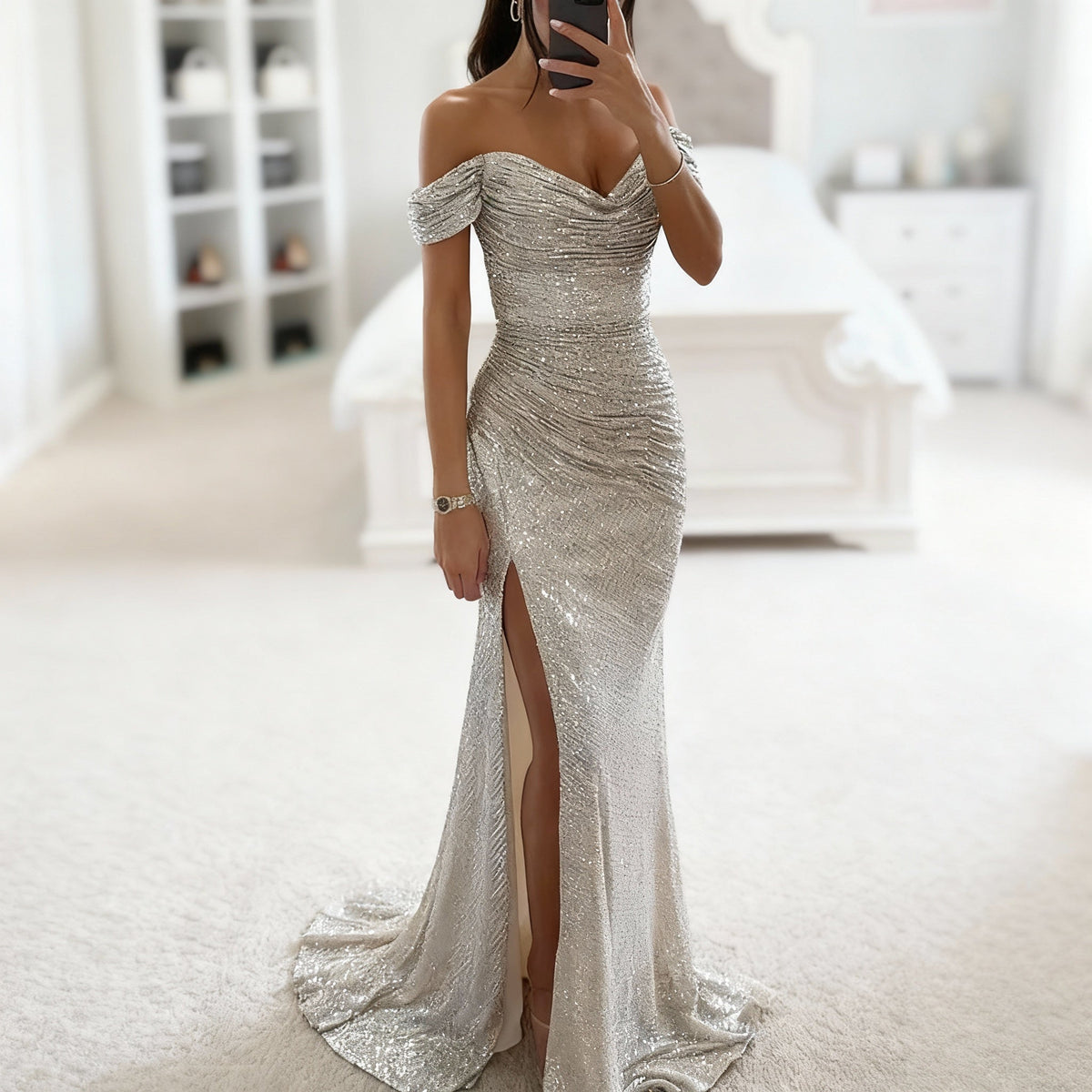 Women's Off-Shoulder Evening Dress with Sequins, Slit and Figure-Hugging Cut