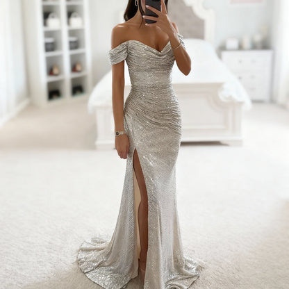 Women's Off-Shoulder Evening Dress with Sequins, Slit and Figure-Hugging Cut