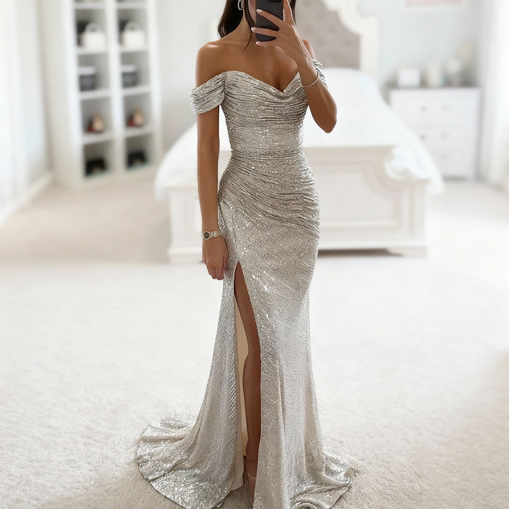 Women's Off-Shoulder Evening Dress with Sequins, Slit and Figure-Hugging Cut