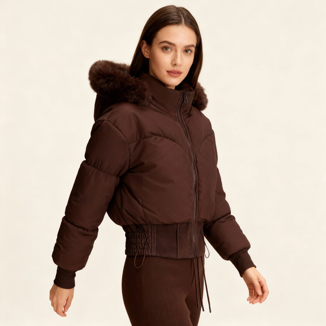 Women's Cropped Down Jacket with Detachable Hood and Faux Fur Trim