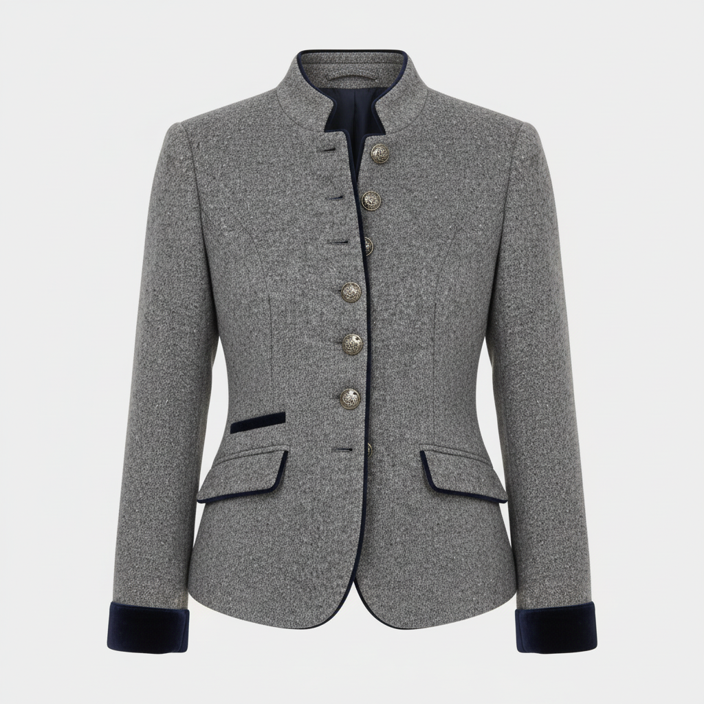 Women's Short Jacket with Multi-Button Placket and Color Accents