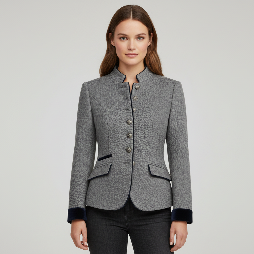 Women's Short Jacket with Multi-Button Placket and Color Accents