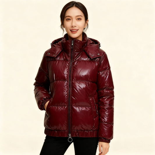 Women's Glossy Winter Jacket with Hood, Water-Repellent & Heat-Insulated
